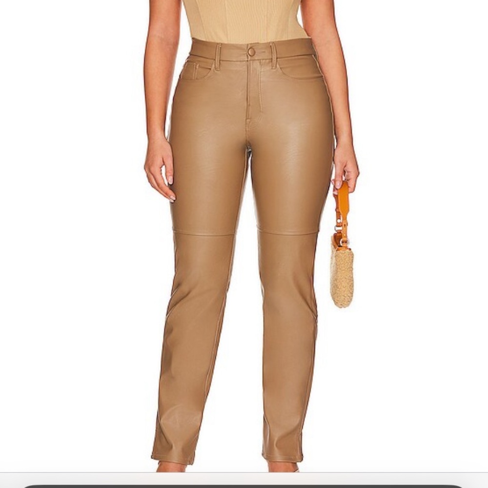 Good American faux leather pants in warm caramel